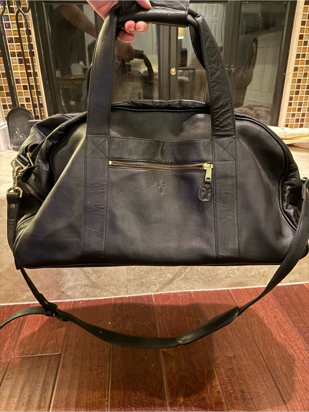 FRYE Black Leather Duffel Overnight Bag Brass Fittings